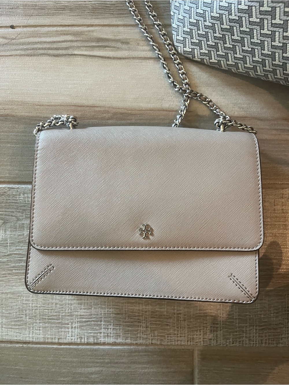 Tory Burch Gray Saffiano Leather Chain Shoulder Bag
